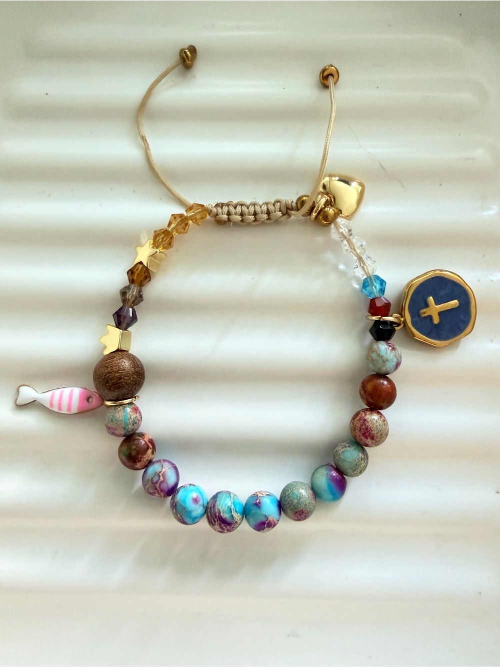 Hand Crafted Gold Multicolor Beaded Charm Bracelet with Blue Cross Disc - Picture 2 of 5